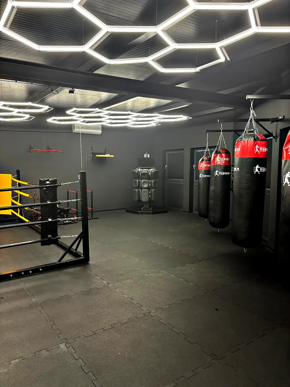 Worki bokserskie i ring w sali PM Boxing Studio pod heksagonalnym oświetleniem