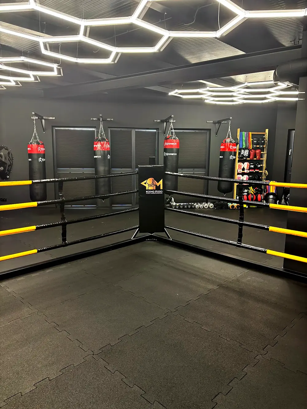 Sala PM Boxing Studio: duże lustra, ring, worki bokserskie i heksagonalne oświetlenie